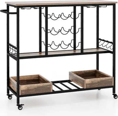 Produktbild von 108 x 40 x 91 cm 3-Stöckig Küchenwagen mit Rollen & Glashaltern & Weinregal & Haken Servierwagen Rollwagen Grau