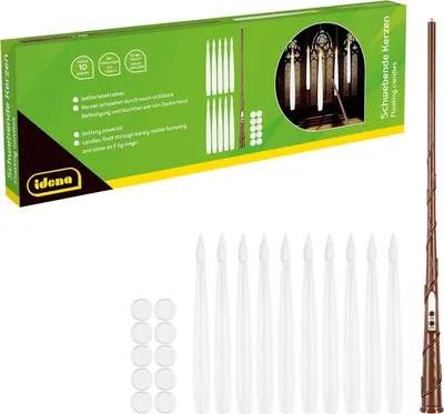 The image shows the product packaging for Idena floating candles, along with the included wand and individual candles.