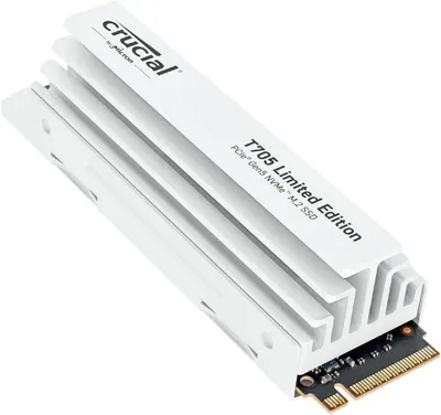Produktbild von Crucial T705 2TB M.2 NVMe PCIe 5.0 x4 Gen5 mit weißem Kühlkörper, bis zu 14.500 MB/s Lesen, 12.700 MB/s Schreiben, für Desktop PC, TLC NAND