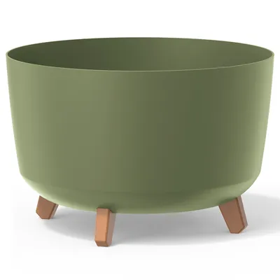 A green planter with wooden legs on a white background.