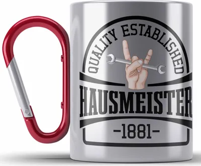Produktbild von Trendation - Hausmeister Edelstahl Tasse Karabiner Geschenke Lustig Spruch Haustechniker (Rot)