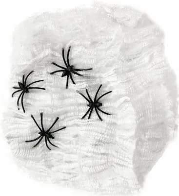 Produktbild von Weißes Spinnennetz (60g) mit schwarzen Spinnen (3cm) für Halloween Dekoration