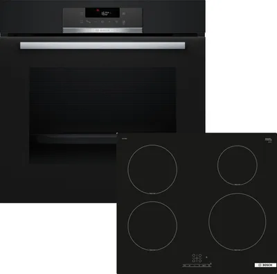 A black Bosch oven and a black induction cooktop are shown together against a white background.