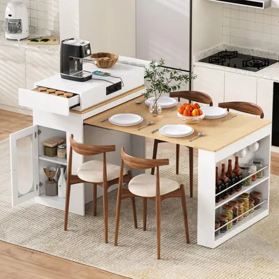 Produktbild von Kücheninsel mit Rollen ausziehbarer Esstisch mit faltbarer Tischplatte Bartisch mit Steckdosenleisten und Haken als Sideboard Weiß