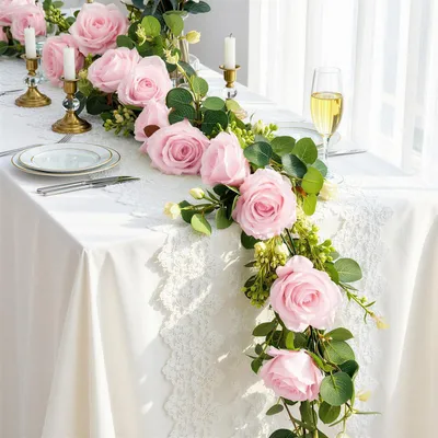 Produktbild von Künstliche Eukalyptus Girlande mit Blumen, 2 Stück 4m, Rosa, Pflegefrei