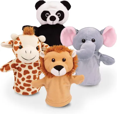 Immagine prodotto di Set di marionette a mano, 4 peluche: panda, leone, giraffa, elefante, per bambini