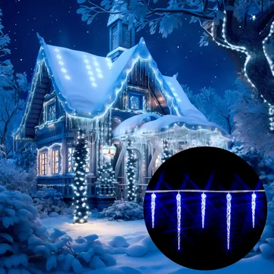 A festive winter scene of a house decorated with blue LED icicle lights, with a close-up inset of the lights.