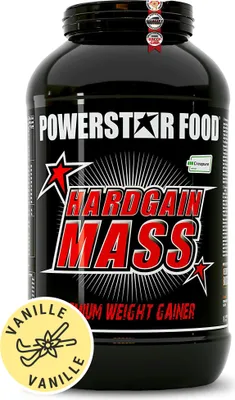 A black tub of Powerstar Food Hardgain Mass weight gainer supplement with red and white text and a yellow circular label with vanilla imagery.
