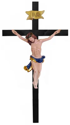Productafbeelding van Houten kruis van beuken, met een met de hand geschilderd beeld van Jezus Christus