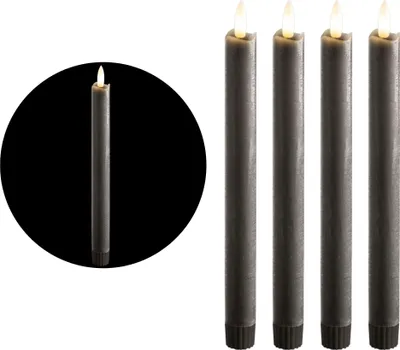 Produktbild von Stabkerzen LED mit Timer GRAU 4 Stück GRAU indoor - 6 Stunden - ECHTWACHS 23cm Höhe für Kerzen 2,2cm Durchmesser 2 AAA Batterien notwendig LED Stabkerzen flackernde Flamme bewegliche Flamme Licht