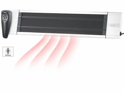 A wall-mounted infrared heater emitting red heat waves.