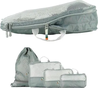 Produktbild von Famanu Packwürfel-Set mit Kompression aus recycelten Plastikflaschen, leichte Packtaschen, Set für Rucksack und Koffer (Stahlblau, 4-teilig)
