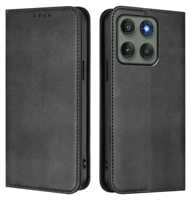 A black leather flip case for a smartphone is shown from two angles: the front cover and the back with the camera module.