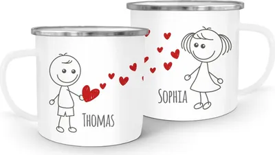 Produktbild von Emaille-Tasse mit Namen Liebes-Paar Strichmännchen Liebesgeschenke personalisierbare Geschenke (1 Tasse) SpecialMe® weiß-metall Emailletasse