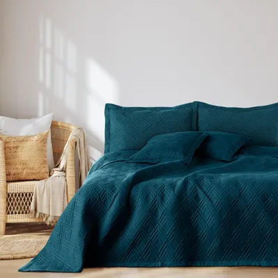 Produktbild von Tagesdecke Bettüberwurf zweiseitge Steppung Raute Samt Indigo - 170 x 210 cm