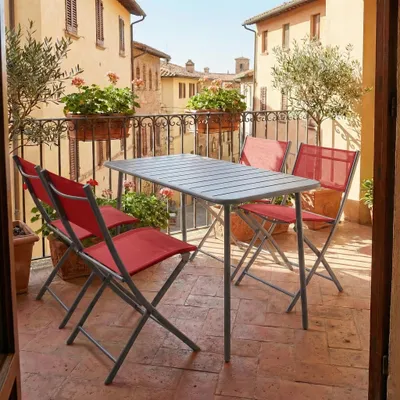 Produktbild von VCM 5-teilig Balkonmöbel Set, Gartentisch 110x55 cm mit 4 Klappstühlen, Metall & Textilene, wetterbeständig, platzsparend für Balkon & Terrasse, Sumila