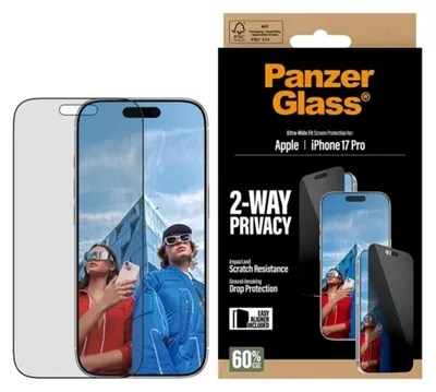 Obrázek produktu pro PanzerGlass ® 2-Way Privacy Screen Protector iPhone 17 Pro | Ultra-Wide Fit w. EasyAligner, Apple, Apple - iPhone 17 Pro, Aplikace nasucho, Odolné proti poškrábání, Odolný proti nárazům, Průhledná, 1 kusů