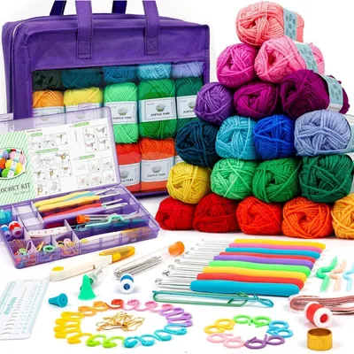Productafbeelding van Hekelset voor beginners en kinderen, 1509 meter acryl in 30 kleuren, 73-delige set met haaknaalden en accessoires, paarse tas