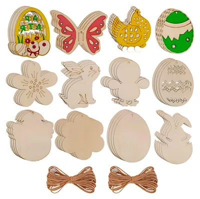 Produktbild von 48 Holzanhänger für Ostern mit 48 Juteschnur, Unvollendete Ostereier, Hasen, Hühner und Blumen, Osterdeko zum Basteln und Aufhängen, Holz Osterdekoration für die Heimdekoration und Baumschmuck