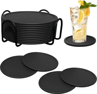 Produktbild von 12er Mehrweg Silikon Untersetzer Gläser Set Dunkelgrau mit Halter Rutschfest Waschbar für Getränke Bar Tassen Glas Möbelschutz