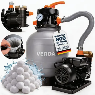 Produktbild von Verda Sandfilteranlage Pumpe 10000 l/h 800g inkl. Filterbällen 10m Förderhöhe 400W Pool Filterpumpe 38mm Anschluss 220-240V 50Hz Schwimmbad Filter