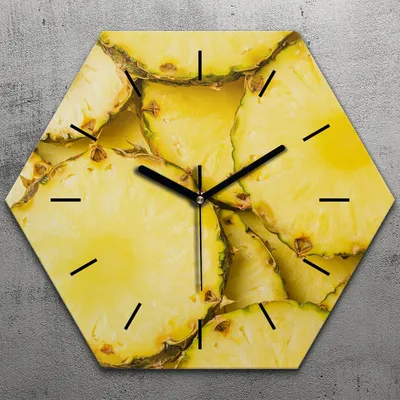 Produktbild von Uhr hexagonal 40 cm Glas Geräuschlos schwarze Zeiger - Ananas saftig gelb