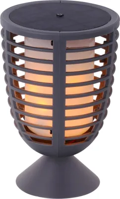 A gray solar-powered LED torch lamp with a flame-effect light.