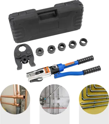 Image de Pince à sertir hydraulique pour tubes en cuivre - Outil de sertissage - Force de sertissage 10 t - 5 mâchoires - Acier et aluminium - Noir