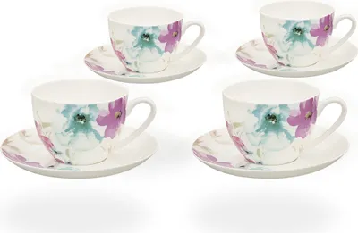 Produktbild von Buchensee Teetassen / Kaffeetassen Porzellan, 4 Tassen je 210ml, Blumendeko, Fine Bone China