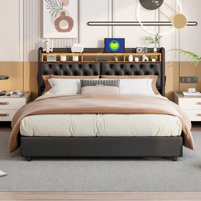 Image de Lit double tapissée 180x200 cm - Lit avec système de levage hydraulique et espace de rangement - Revêtement en similicuir noir avec ports USB et éclairage LED