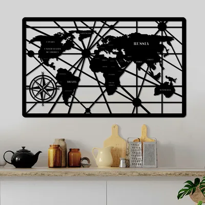 Image de Wallity, World Map 7-L, Accessoire mural décoratif en métal, 100 % METAL, noir, 60 x 98 cm
