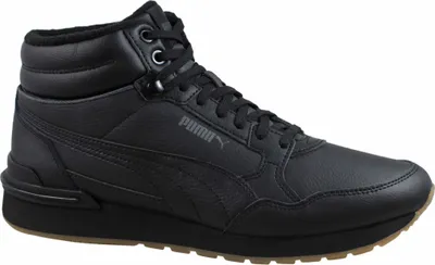 A black Puma sneaker boot is shown against a white background.