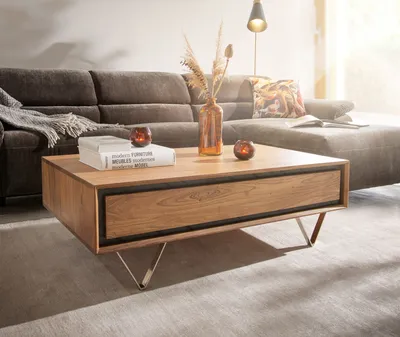 Produktbild von DELIFE Couchtisch Stonegrace 115x60 cm Akazie Natur 2 Schubladen Steinfurnier