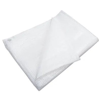 A white tarp is folded and laid out on a white background.