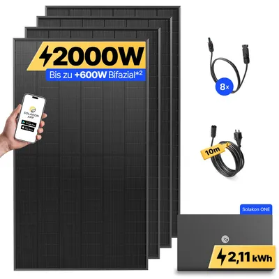 Produktbild von 2000W Balkonkraftwerk mit Speicher Solakon ONE (2,11 kWh) Solaranlage Steckerfertig WIFI Komplettset Photovoltaik Anlage 800W, Kabellänge: 10m