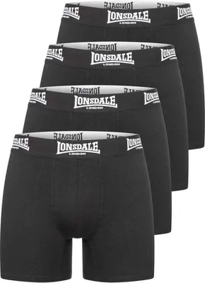 A stack of four black Lonsdale boxer shorts.