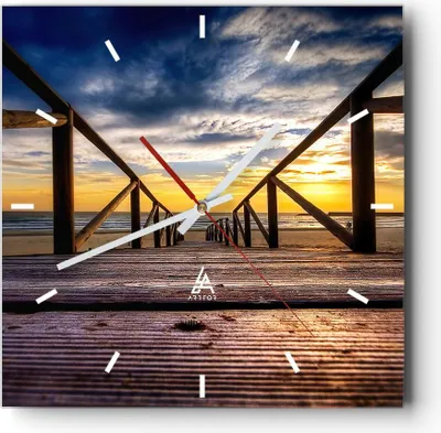 Produktbild von Wanduhr - Quadrat - Glasuhr - Strand Ozean Sand Holzbrücke Sonnenuntergang - 40x40cm - Schleichendes Uhrwerk - Lautlos - zum Aufhängen bereit - Wanddekoration aus Glas - C3AC40x40-0430
