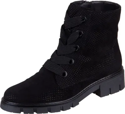 A black lace-up boot on a white background.