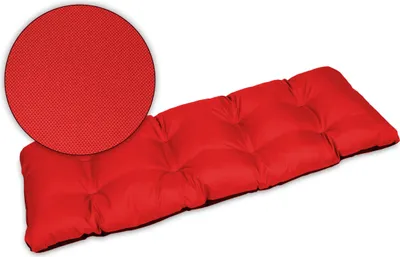 A red bench cushion is shown against a white background with a close-up inset of the fabric texture.