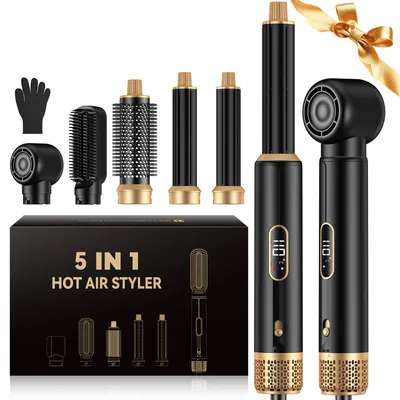 Produktbild von UKLISS 5-in-1-Haarstyler, 1000 W, mit Rundbürste, Luftlockenstab, Glättbürste, LCD-Display, Schwarz