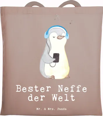 Produktbild von Mr. & Mrs. Panda Schultasche Pinguin Bester Neffe der Welt - Braun Pastell - Geschenk, Taufe, Patentante, Einkaufstasche, Onkel, canvas tasche, Tante, Geschenkidee