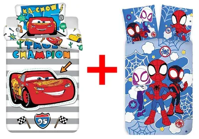 Produktbild von Disney Pixar Cars Lightning McQueen + Marvel Spidey Amazing Friends Kinderbettwäsche, Bettdecke 100 x 135 cm, Kopfkissen 40 x 60 cm, 100 % Baumwolle