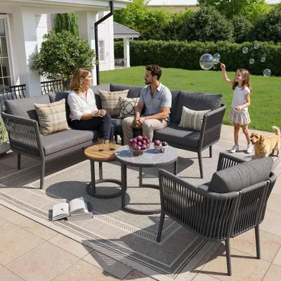 Zdjęcie produktu dla Modułowy zestaw ogrodowy z rattanu PE, odporne na warunki atmosferyczne siedziska i poduszki, narożna sofa na taras/balkon, idealna dla 5-6 osób, 6 elementów, kolor beżowy.