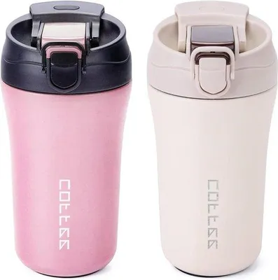 Produktbild von Famanu Thermobecher Set 400 ml - Doppelwandig, lekfrei, Edelstahl, Weiß und Rosa