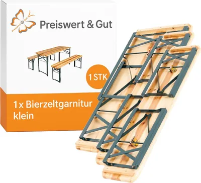Produktbild von Biertischgarnitur 110x50x70cm klein aus Tannenholz mit Stahlgestell lackiert 2,5 cm dick abgerundet Biertisch und Bierbankgarnitur