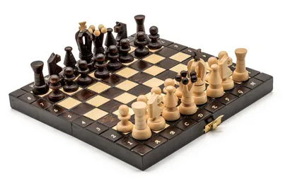 Produktbild von Mini-Schachspiel aus Holz, braun, 25 × 25 cm – klappbare Schachkassette mit Figuren