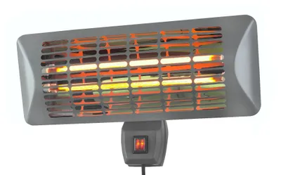 A dark gray electric heater with glowing orange heating elements, mounted on a bracket with a switch.