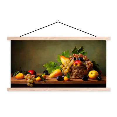 Produktbild von MuchoWow® Textilposter Rustikal - Korb - Obst - Stilleben 120x60 cm mit holzfarbenen Rahmen - Klemmleiste