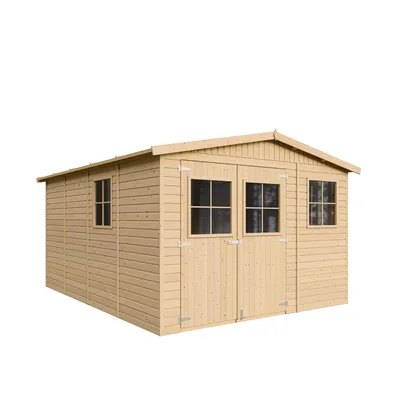 A wooden garden shed with windows and double doors, presented against a white background.