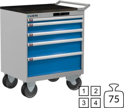 Produktbild von Lista Schubladenschrank - fahrbar - 78.605.514 - 962 x 717 x 572 mm (HxBxT) - 5 Schubladen - 75 kg - Code Lock - RAL 7035/RAL 5012